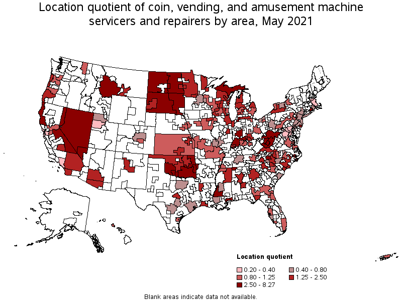 Map of location quotient of coin, vending, and amusement machine servicers and repairers by area, May 2021