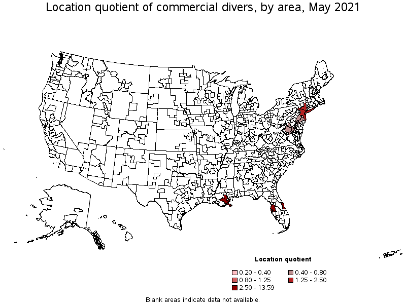 Map of location quotient of commercial divers by area, May 2021