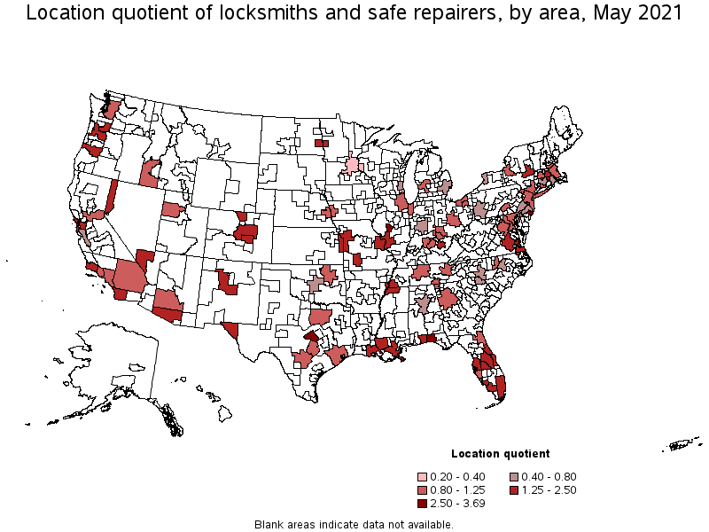 Map of location quotient of locksmiths and safe repairers by area, May 2021