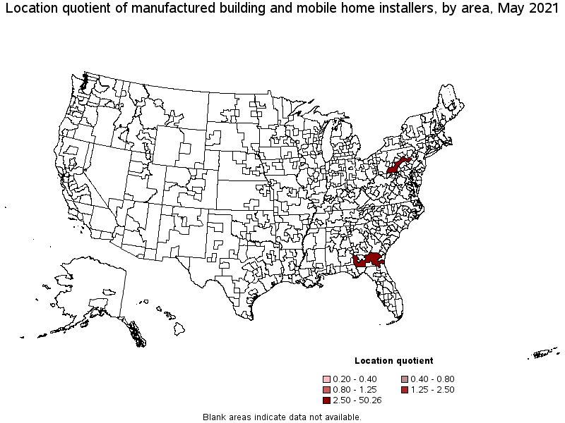 Map of location quotient of manufactured building and mobile home installers by area, May 2021