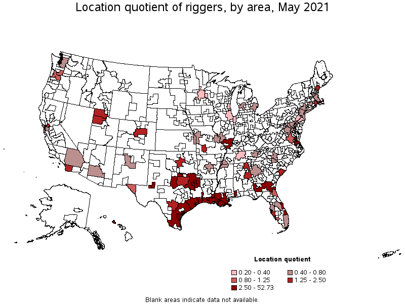 Map of location quotient of riggers by area, May 2021