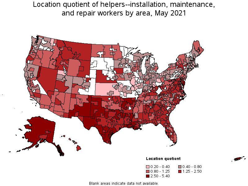 Map of location quotient of helpers--installation, maintenance, and repair workers by area, May 2021