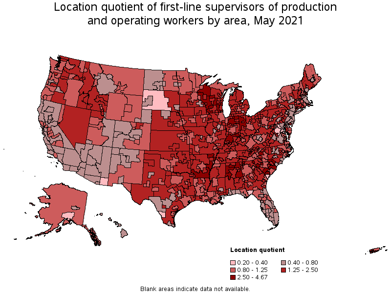 Map of location quotient of first-line supervisors of production and operating workers by area, May 2021