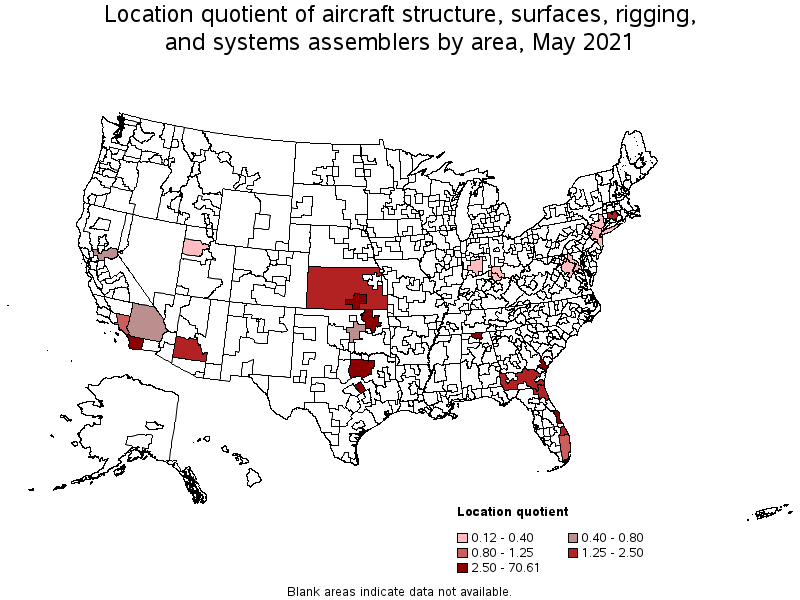 Map of location quotient of aircraft structure, surfaces, rigging, and systems assemblers by area, May 2021