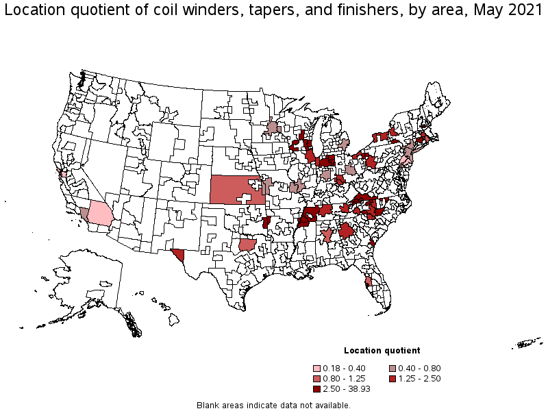 Map of location quotient of coil winders, tapers, and finishers by area, May 2021