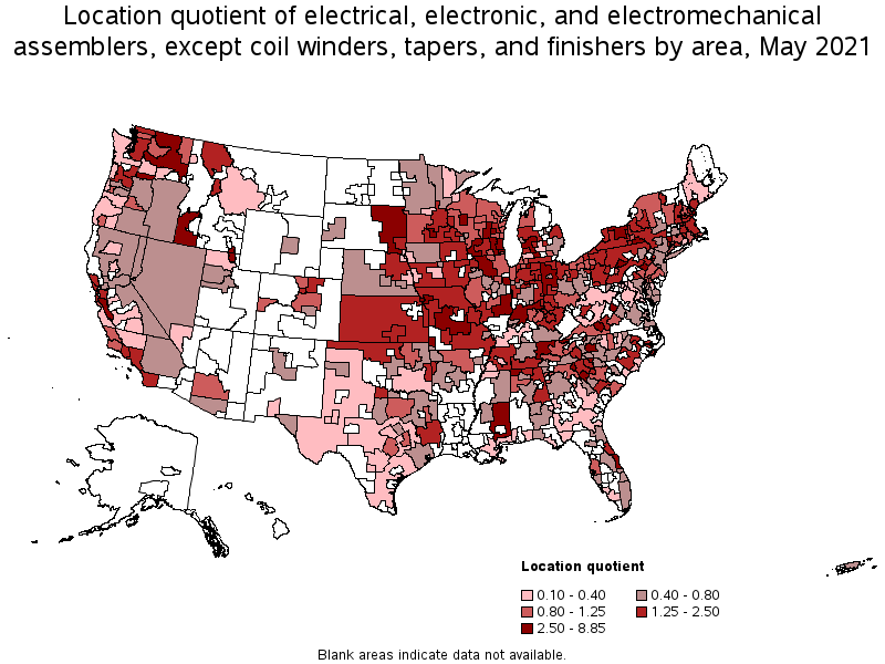 Map of location quotient of electrical, electronic, and electromechanical assemblers, except coil winders, tapers, and finishers by area, May 2021