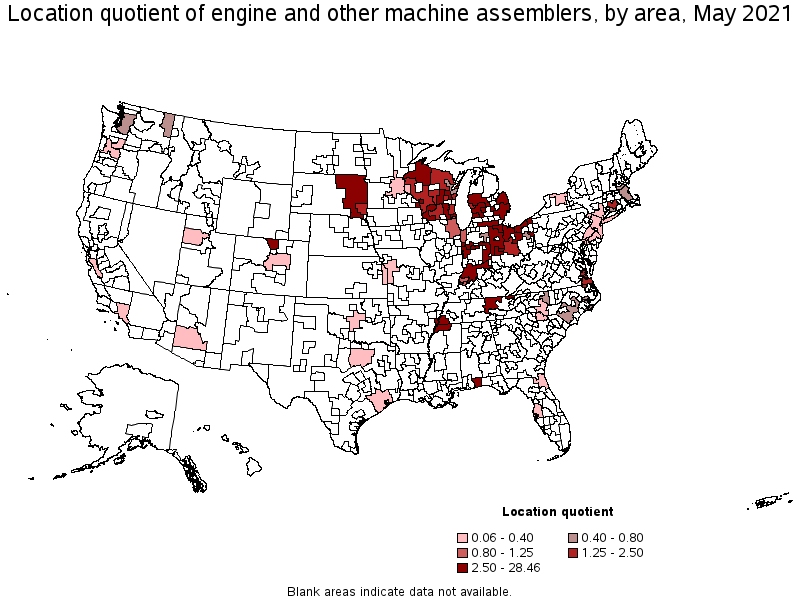 Map of location quotient of engine and other machine assemblers by area, May 2021