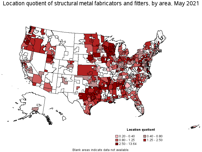 Map of location quotient of structural metal fabricators and fitters by area, May 2021