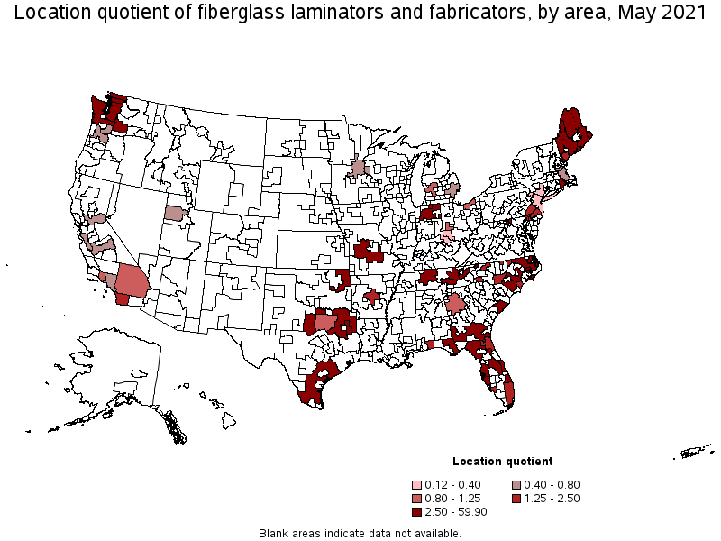 Map of location quotient of fiberglass laminators and fabricators by area, May 2021