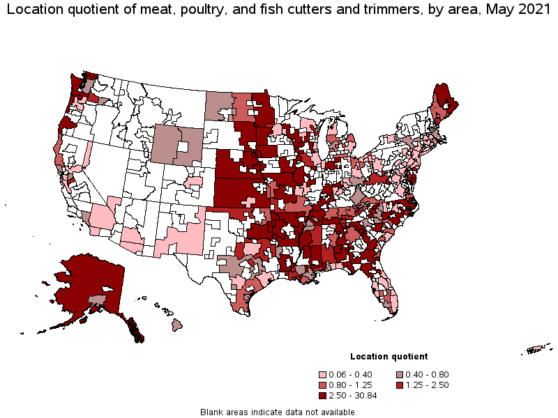 Map of location quotient of meat, poultry, and fish cutters and trimmers by area, May 2021