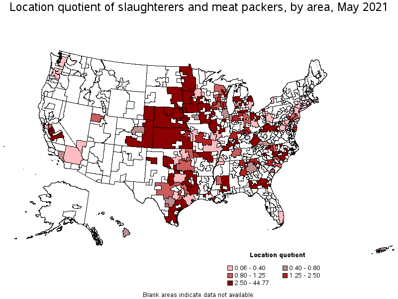 Map of location quotient of slaughterers and meat packers by area, May 2021