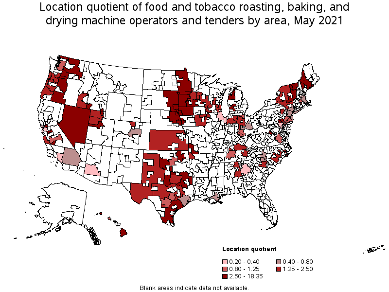 Map of location quotient of food and tobacco roasting, baking, and drying machine operators and tenders by area, May 2021