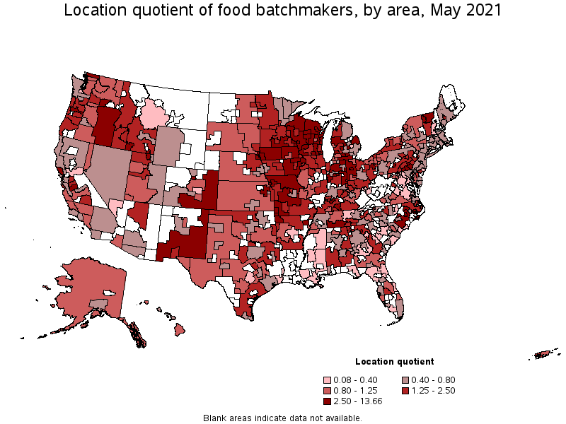 Map of location quotient of food batchmakers by area, May 2021