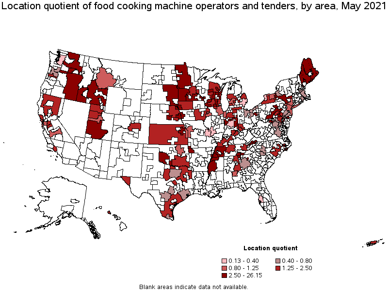 Map of location quotient of food cooking machine operators and tenders by area, May 2021