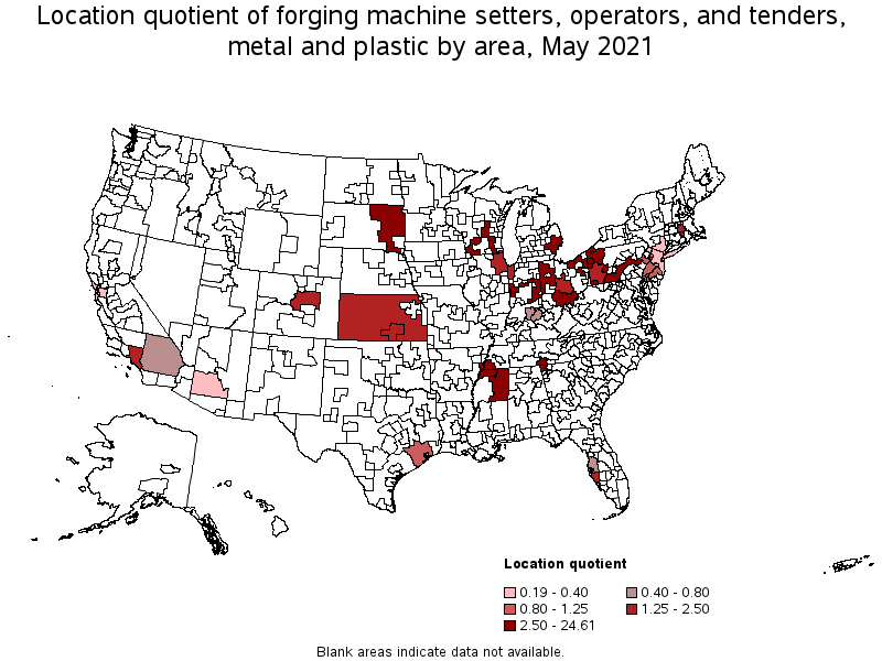 Map of location quotient of forging machine setters, operators, and tenders, metal and plastic by area, May 2021