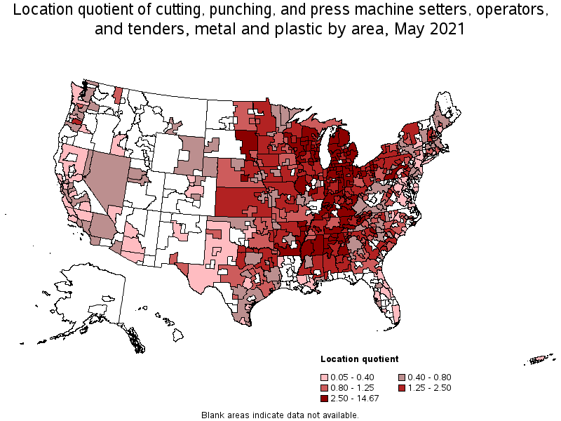 Map of location quotient of cutting, punching, and press machine setters, operators, and tenders, metal and plastic by area, May 2021