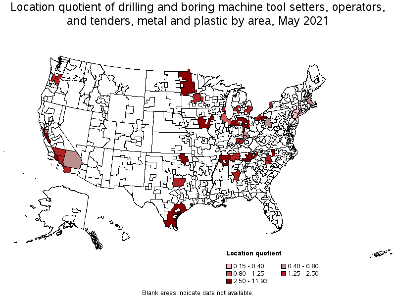 Map of location quotient of drilling and boring machine tool setters, operators, and tenders, metal and plastic by area, May 2021