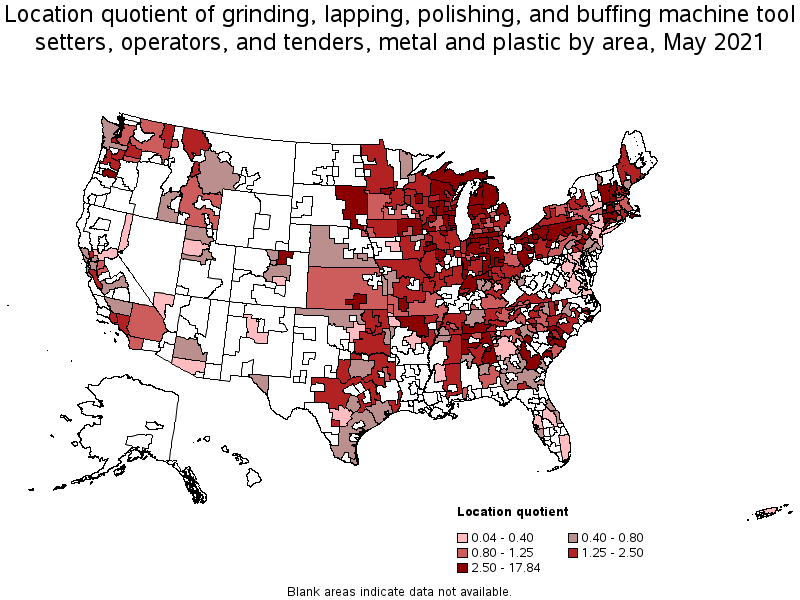 Map of location quotient of grinding, lapping, polishing, and buffing machine tool setters, operators, and tenders, metal and plastic by area, May 2021