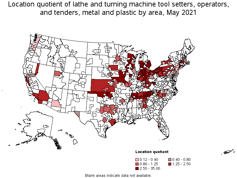 Map of location quotient of lathe and turning machine tool setters, operators, and tenders, metal and plastic by area, May 2021