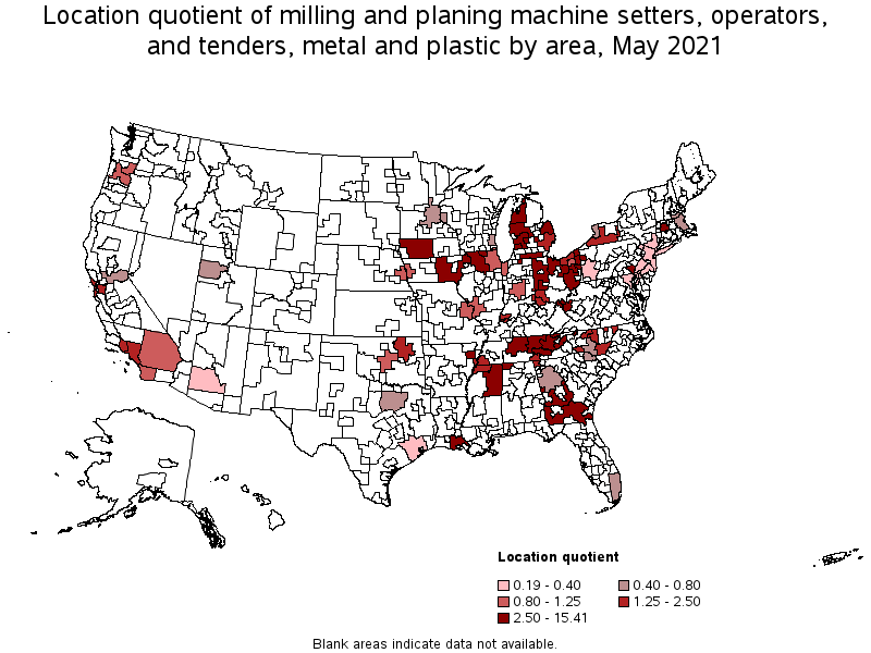 Map of location quotient of milling and planing machine setters, operators, and tenders, metal and plastic by area, May 2021