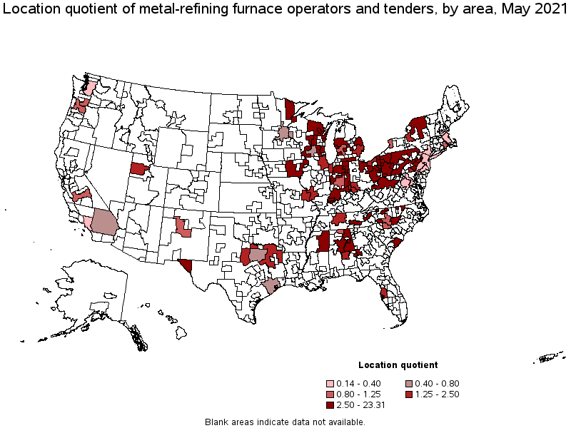 Map of location quotient of metal-refining furnace operators and tenders by area, May 2021