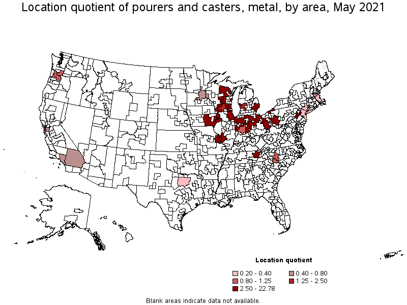 Map of location quotient of pourers and casters, metal by area, May 2021