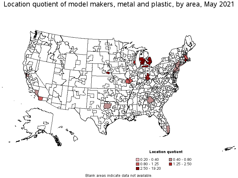 Map of location quotient of model makers, metal and plastic by area, May 2021