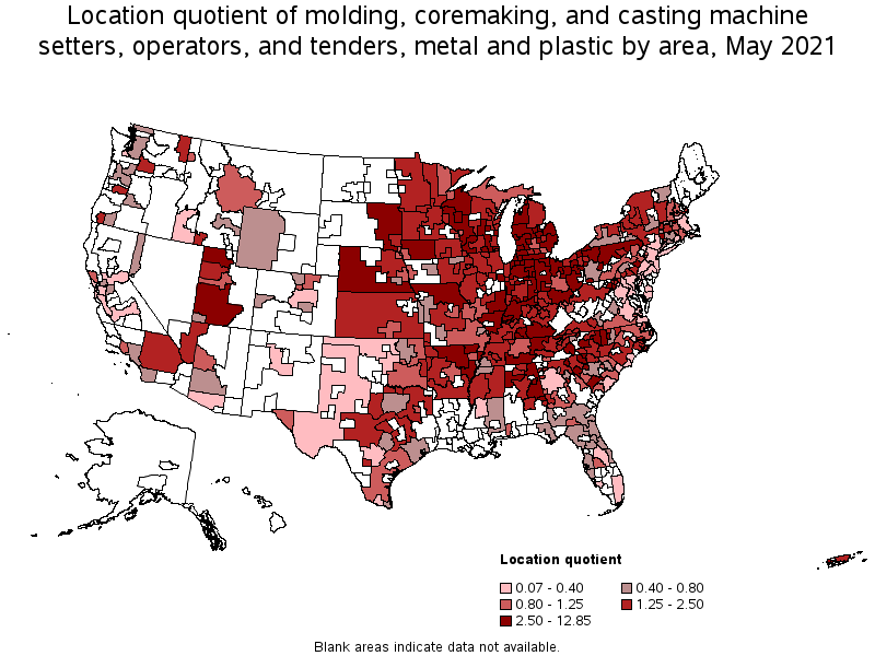 Map of location quotient of molding, coremaking, and casting machine setters, operators, and tenders, metal and plastic by area, May 2021