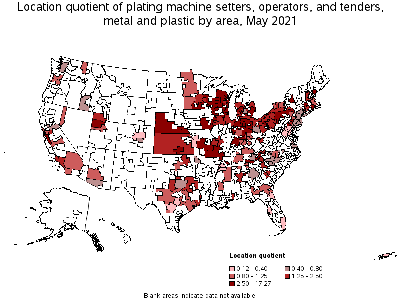 Map of location quotient of plating machine setters, operators, and tenders, metal and plastic by area, May 2021