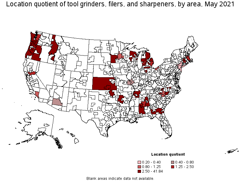 Map of location quotient of tool grinders, filers, and sharpeners by area, May 2021