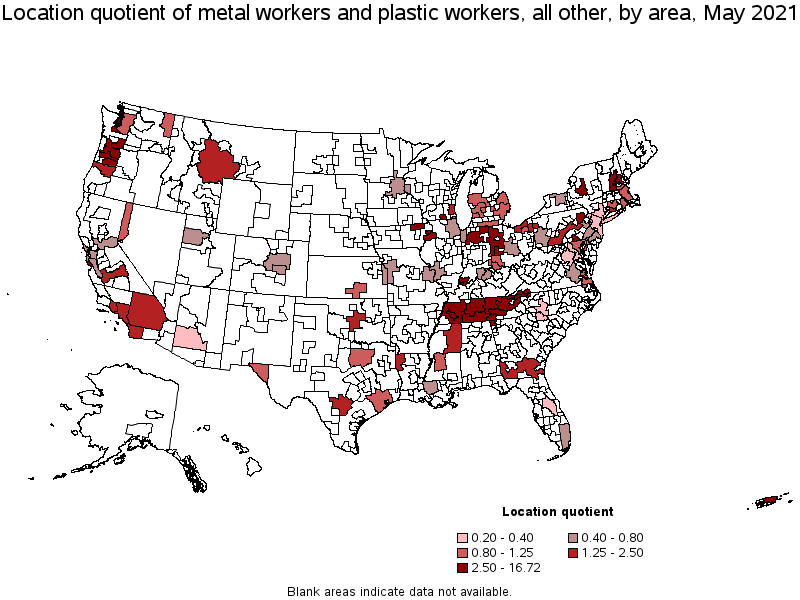Map of location quotient of metal workers and plastic workers, all other by area, May 2021