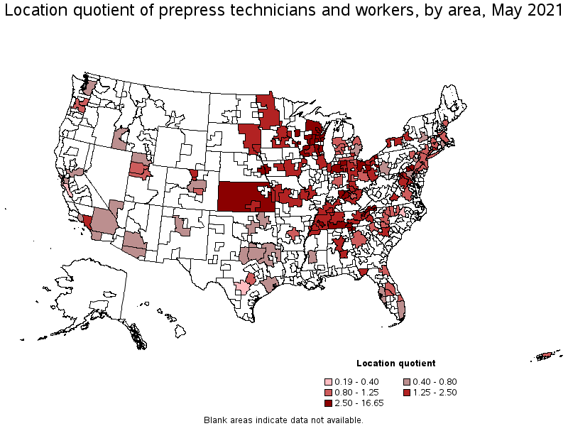 Map of location quotient of prepress technicians and workers by area, May 2021