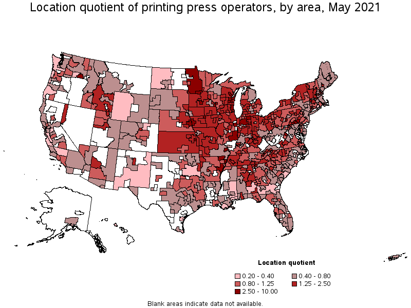 Map of location quotient of printing press operators by area, May 2021