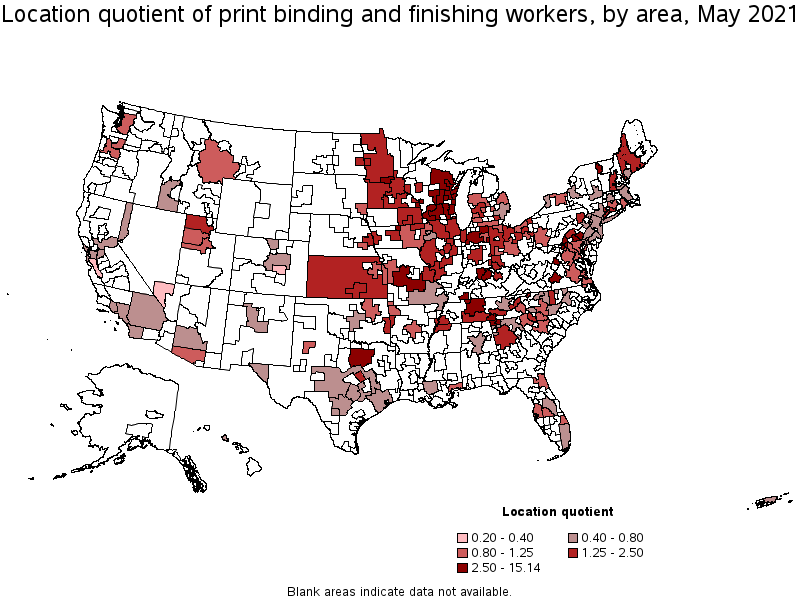 Map of location quotient of print binding and finishing workers by area, May 2021