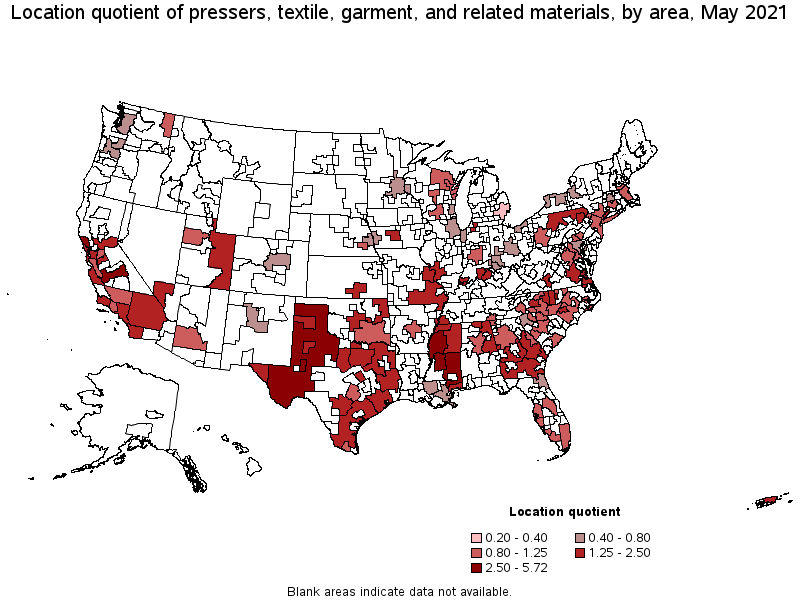Map of location quotient of pressers, textile, garment, and related materials by area, May 2021