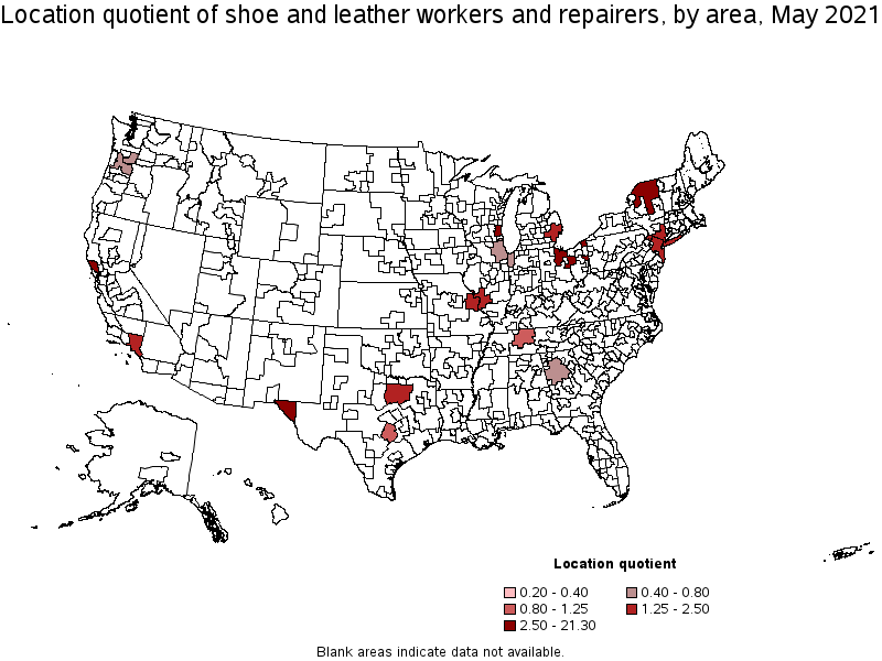 Map of location quotient of shoe and leather workers and repairers by area, May 2021