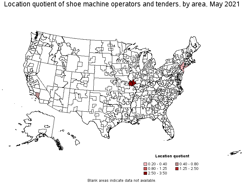 Map of location quotient of shoe machine operators and tenders by area, May 2021