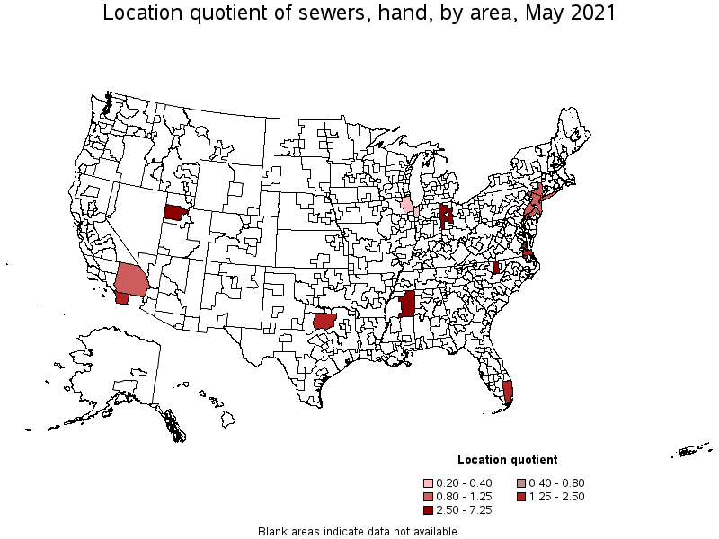 Map of location quotient of sewers, hand by area, May 2021