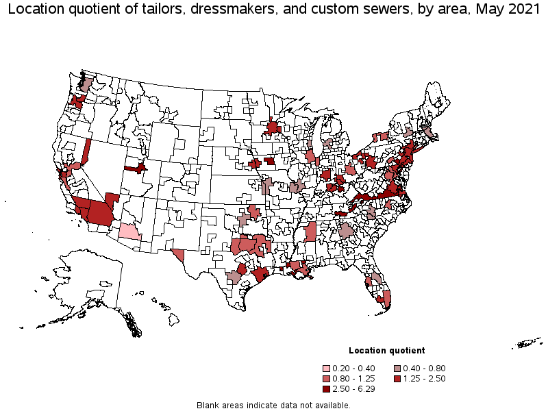 Map of location quotient of tailors, dressmakers, and custom sewers by area, May 2021
