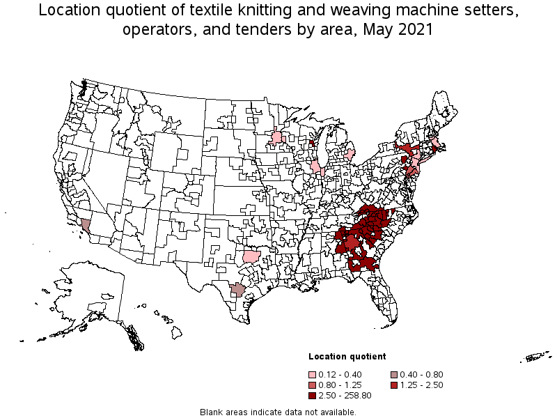 Map of location quotient of textile knitting and weaving machine setters, operators, and tenders by area, May 2021