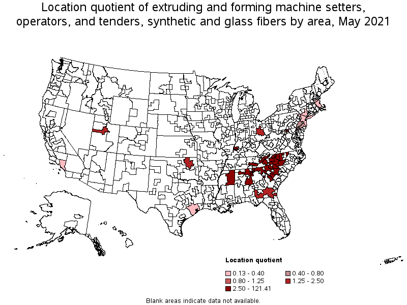 Map of location quotient of extruding and forming machine setters, operators, and tenders, synthetic and glass fibers by area, May 2021