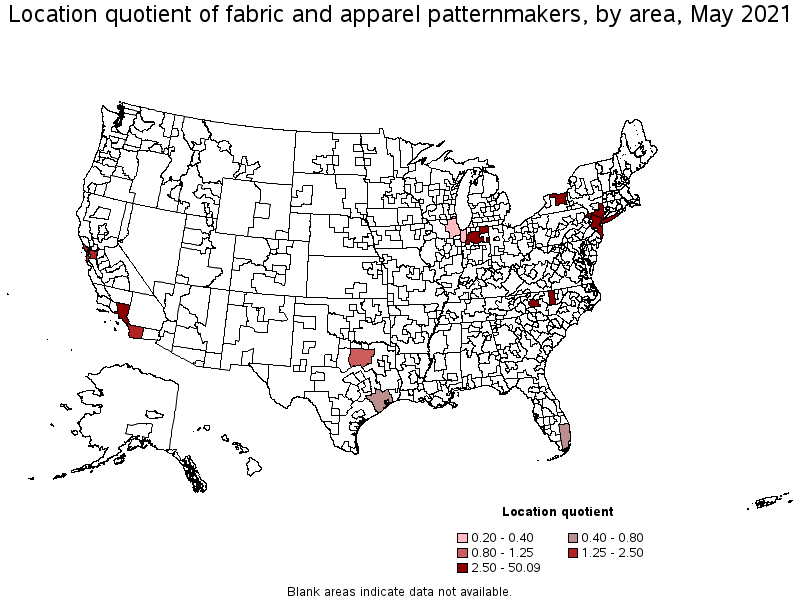 Map of location quotient of fabric and apparel patternmakers by area, May 2021