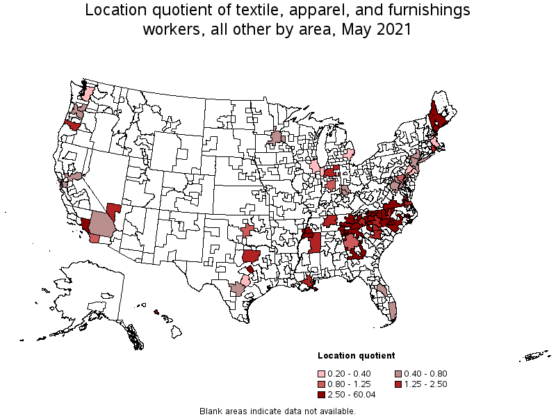 Map of location quotient of textile, apparel, and furnishings workers, all other by area, May 2021