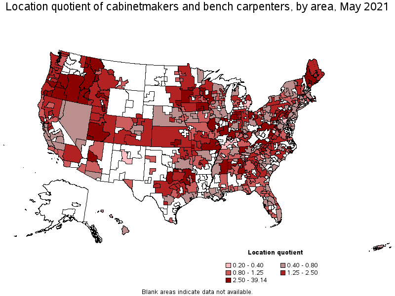 Map of location quotient of cabinetmakers and bench carpenters by area, May 2021