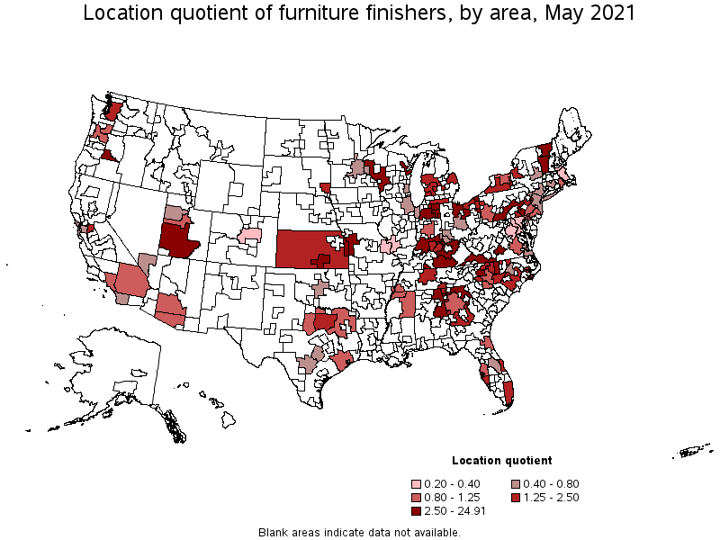 Map of location quotient of furniture finishers by area, May 2021