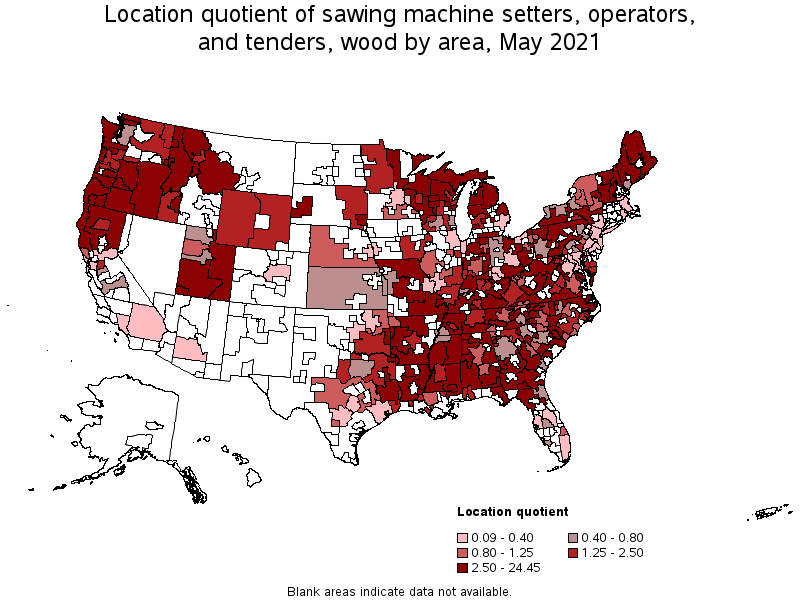 Map of location quotient of sawing machine setters, operators, and tenders, wood by area, May 2021