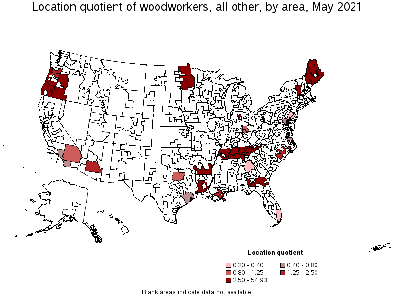 Map of location quotient of woodworkers, all other by area, May 2021