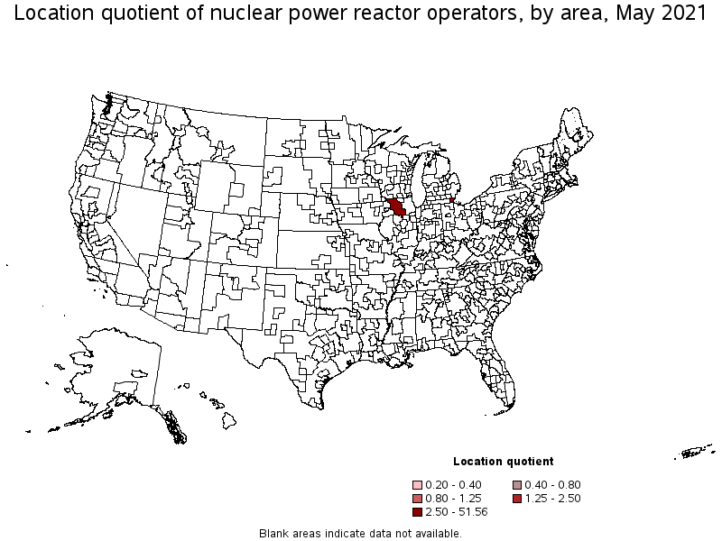 Map of location quotient of nuclear power reactor operators by area, May 2021