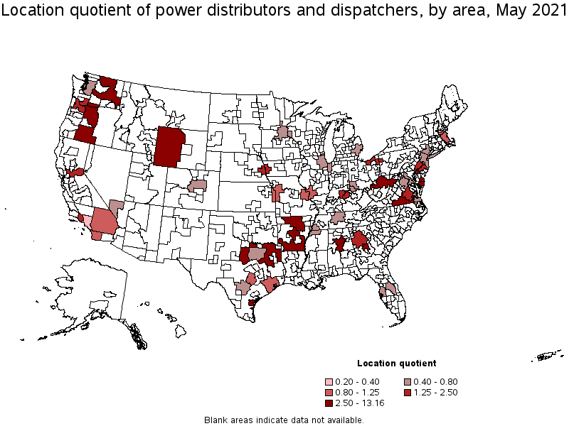 Map of location quotient of power distributors and dispatchers by area, May 2021