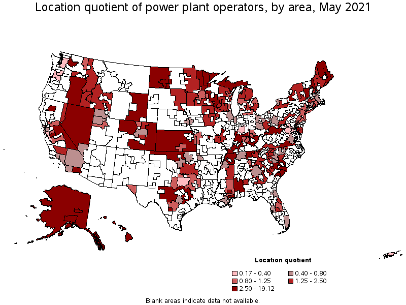 Map of location quotient of power plant operators by area, May 2021
